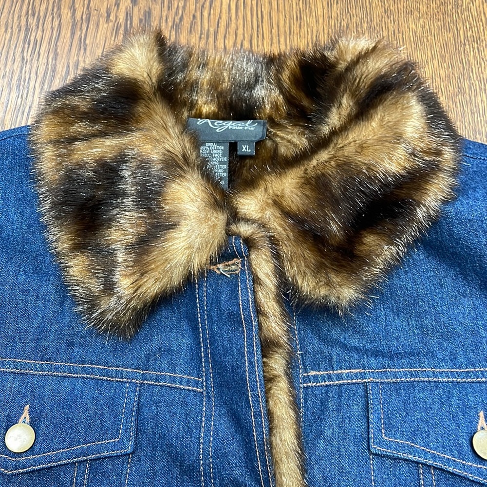 Vintage Regal Dark Wash Jean Jacket w Faux Mink Lining, SZ XL NWOT - Picture 3 of 9
